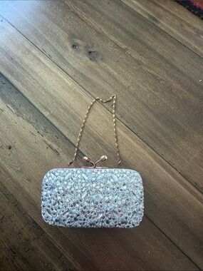 Silver Crystal Embellished Evening Clutch with Chain